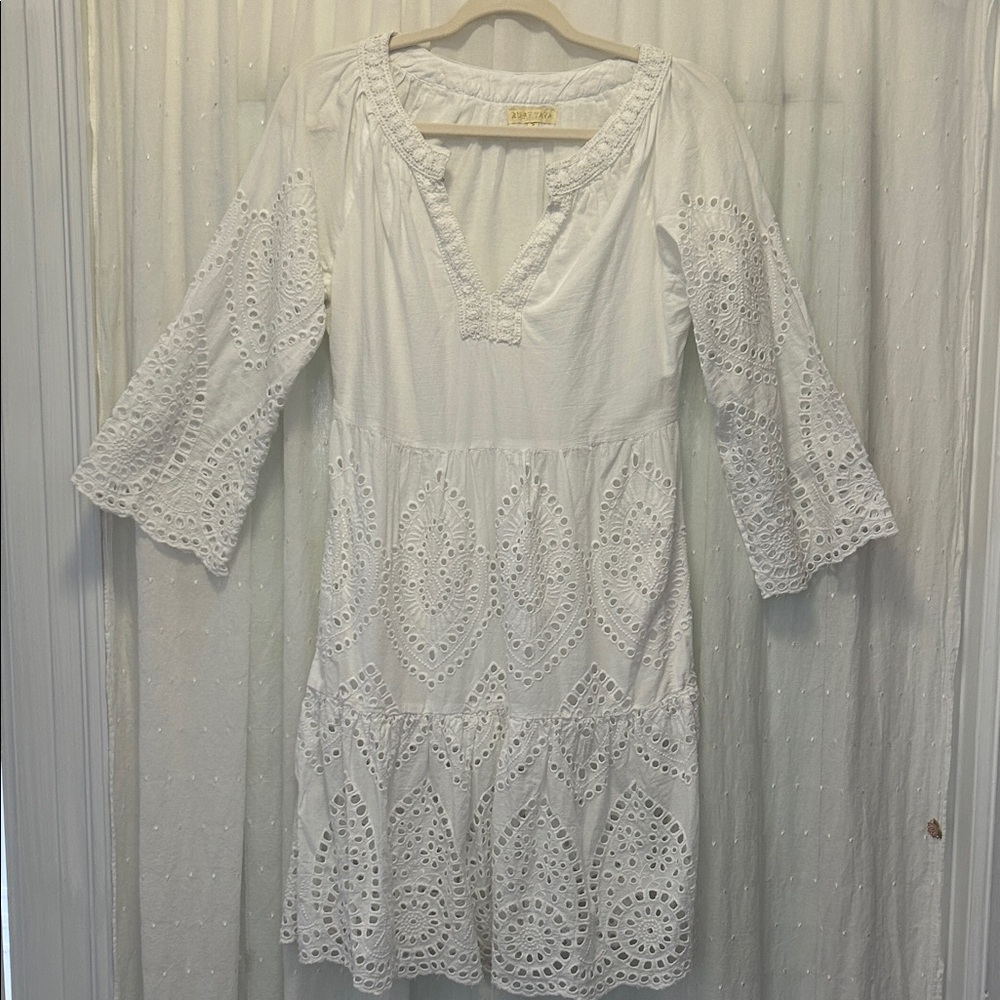 RubyYaya Eyelet Dress Size S White BellSleeve Boho Embroidered - Picture 2 of 16